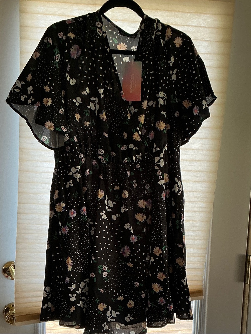 BloomChic new Black Floral Wrap Dress with White flowers and polka dots